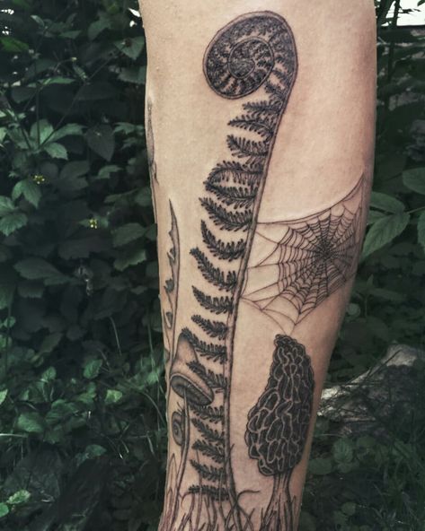 Forest-floor themed piece with a fiddlehead, mushrooms, dandelion, spiderweb and a lil snail. Halfway done this guy! Thanks so much… Forest Floor Tattoo, Snail Tattoo, Holy Spirit Tattoo, 2023 Tattoo, Stick Tattoo, Shoulder Piece, Forest Floor, Floral Sleeve, Nature Tattoos