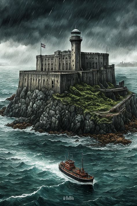 Explore Mysterious Island Prisons: Intriguing Digital Art Inspired by Alcatraz Prison Fantasy Art, Fantasy Prison, Alcatraz Prison, Fantasy Houses, Mysterious Island, Pirate Island, Prison Art, Alcatraz Island, Minecraft Inspo