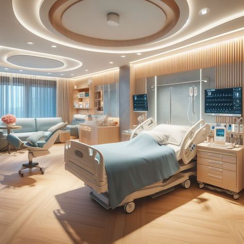 Hospital Design Architecture Interior, Luxurious Hospital Room, Luxury Hospital Interior, Private Hospital Room Luxury, Luxury Hospital Interior Design, Futuristic Hospital Room, Korean Hospital Room, Luxury Hospital Room, Hospital Room Aesthetic