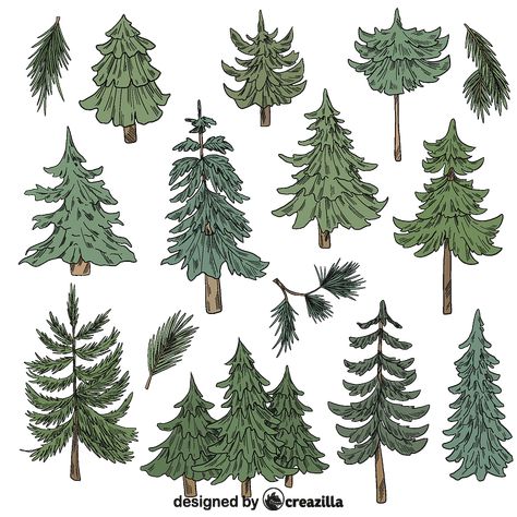 Set of Evergreen tree vector. Free download. | Creazilla How To Draw Evergreen Trees, How To Draw An Evergreen Tree, Evergreen Tree Drawing, Evergreen Illustration, Pine Tree Drawing, Winter Drawings, Pine Candle, Tree Doodle, Juniper Tree