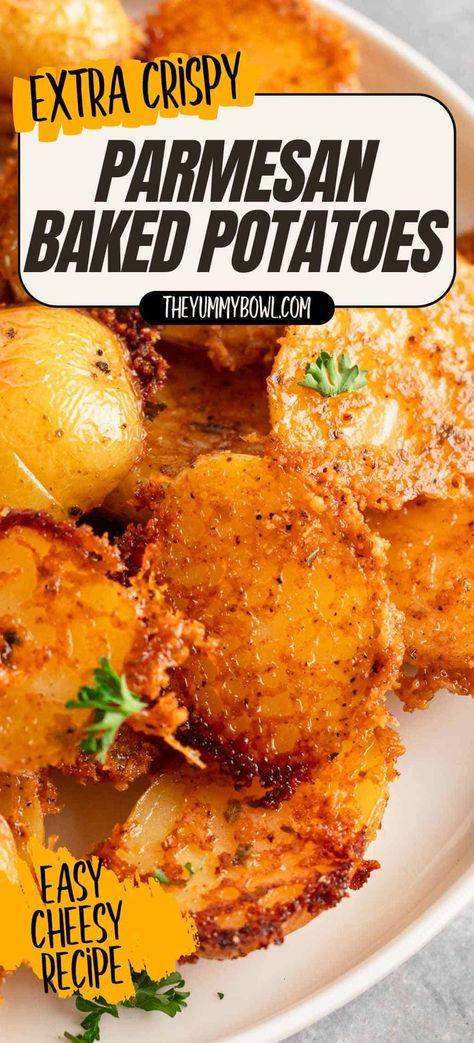 Crispy Parmesan Crusted Potatoes that are perfect for any meal! Discover this easy roast potato recipe with a delicious parmesan crust. Try our homemade parmesan potatoes for the ultimate potato recipe experience. Oven Baked Parmesan Potatoes, Italian Potato Recipes, Easy Russet Potato Recipes, Crispy Parmesan Crusted Potatoes, Red Potatoes Oven, Baked Baby Potatoes, Parmesan Baked Potatoes, Russet Potato Recipes, Crusted Potatoes