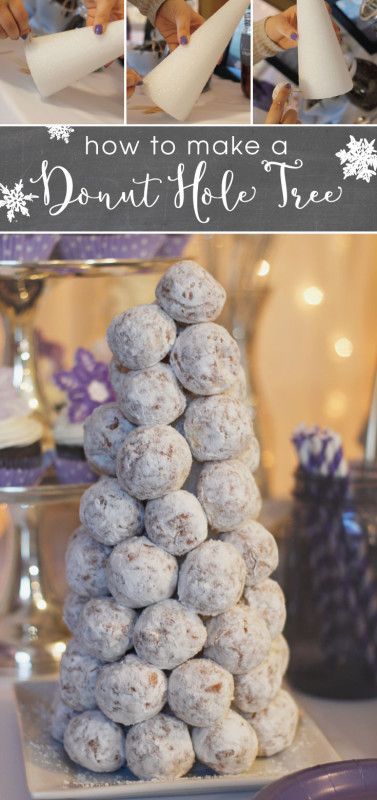 Are you hosting a party this winter? Here's the perfect, simple wintery party treat for you to provide for your guests. Put together this donut hole tree in under 5 minutes! Donut Hole Tree, Breakfast Party Decorations, Winter Onederland Party Girl 1st Birthdays, Donut Tree, Christmas Brunch Party, Hot Chocolate Bar Party, Winter Onederland Party Girl, Winter Wonderland-party, Birthday Breakfast Party