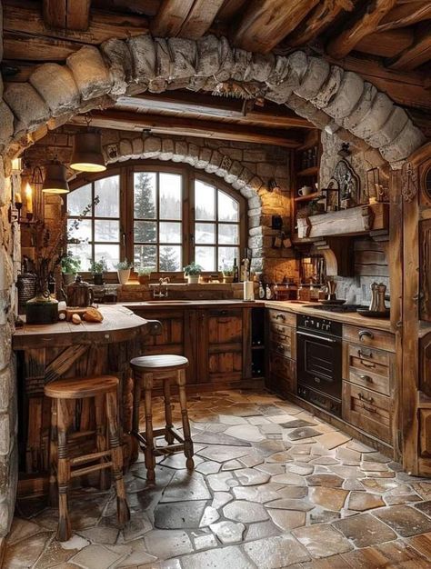 Rustic Kitchens, Garden Inspo, Beautiful Kitchen Designs, Bamboo House, Rustic Kitchen Design, Hobbit House, Fantasy House, Outdoor Kitchens, Rustic Living