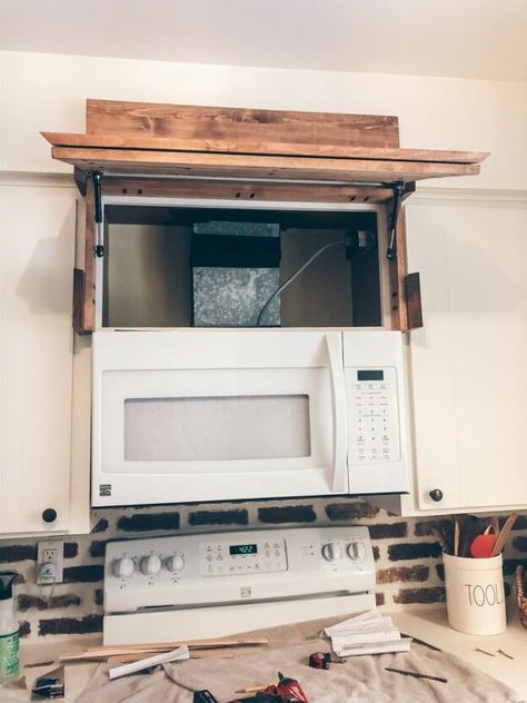 Adding A Hood To Kitchen, Retrofit Microwave Cabinet, Above Range Microwave No Cabinet, Space Above Microwave, Diy Hood Above Microwave, Hidden Microwave Range Hood, Vent Hood With Storage, Hidden Over The Range Microwave, Range Hood With Storage