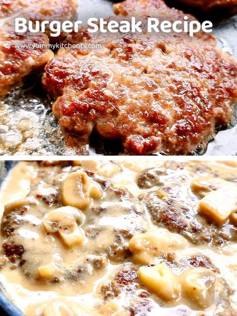 burger steak jollibee recipe Burger Steak Recipe Jollibee, Jollibee Recipe, Burger Steak Recipe, Burger Steak, Steak Burgers, Kimchi Fried Rice, Hamburger Steak, Appetizer Menu, Ground Beef Recipes Easy