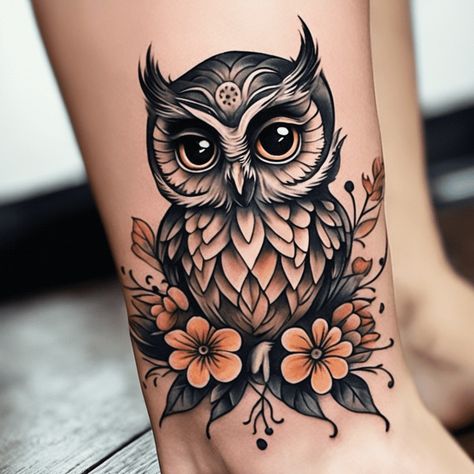 Halloween Owl Tattoo, Owls Tattoo For Women, Owl Sunflower Tattoo, Traditional Style Owl Tattoo, Book Owl Tattoo, Beautiful Nature Tattoos, Owl Tattoo Cute, Cute Owl Tattoo For Women, Owl Tatoos Woman