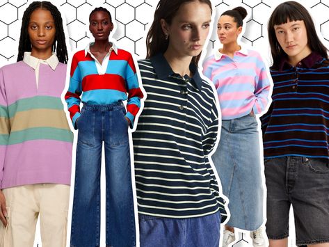 Striped rugby tops to layer over T-shirts, proving that collars and cosiness go hand in hand. Rugby Shirt Outfit Women, Rugby Shirt Outfit, Tops For Spring, Chloe Sevigny, In Between, Hand In Hand, Rugby Shirt, A Fan, Top Trends