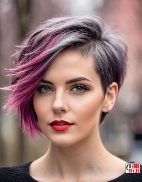 Short Uneven Bob, Half Shaved Bob Hairstyles, Funky Short Hair Wigs, Multi Color Pixie Hair, Short Hair Styles For Asian Women, Short Hair Color Blocking, Medium Hair Cuts For Women With Bangs And Layers, Side Pixie Haircut, Vivid Hair Color Ideas Short