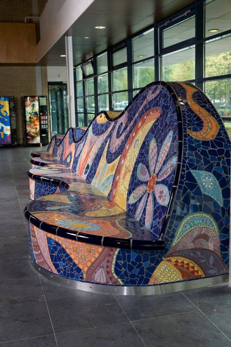 Tile Outdoor Bench, Mosaic Tile Furniture, Mosaic Chairs Gardens, Mosaic Bench, Rainbow Bench, Mosaic Rugs, Mosaic Furniture, Concrete Bench, Mosaic Murals