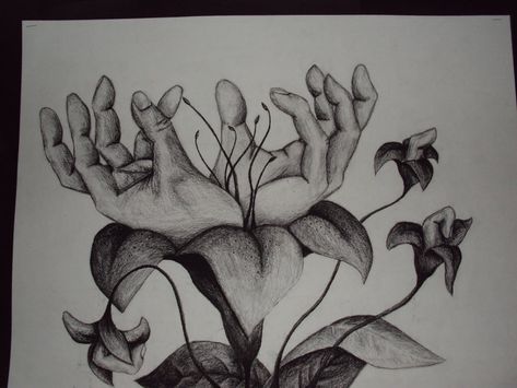 Flower hand handscape Surrealism Drawing Ideas, Surrealism Drawing, 7th Grade Art, Art Examples, 8th Grade Art, Human Figure Sketches, Hand Drawings, Art Journal Prompts, Drawing Hands