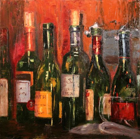 Wine Paintings | Six Bottles of Wine Bottles by Sheri Jones Paintings Of Wine Bottles, Paintings For Mom, Michael Malm, Wine Paintings, Randy Burns, Wine Artwork, Downstairs Bar, Vladimir Volegov, Painting Journal