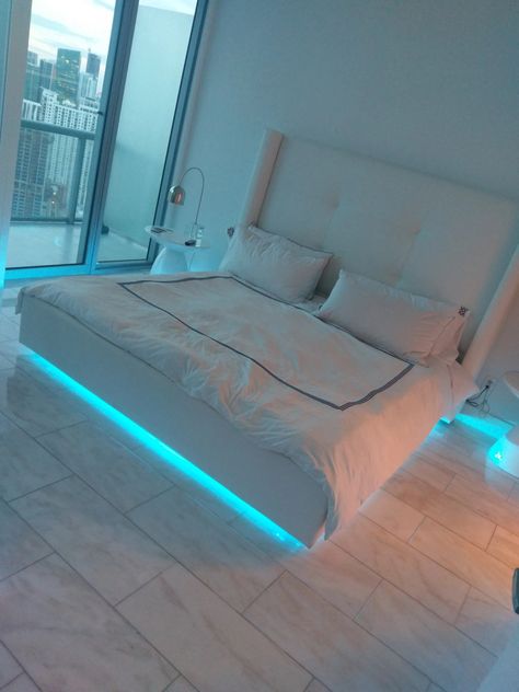 Lights Under Bed Frame, Floating Bed Frame With Lights, Floating Bed Frame White, Floating Bed Led Lights, Bed With Led Lights Under, Led Lights Around Bed, Led Lights Under Bed, Led Under Bed, Lights Under Bed