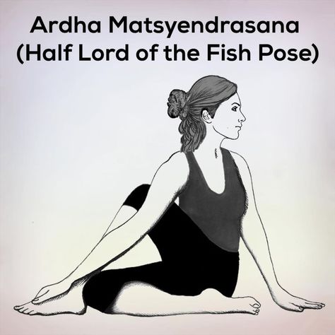 Ardha Matsyendrasana | Half Lord of the Fish Pose, when done regularly helps to strengthen the spine and stimulate the digestive system. See Ardha Matsyendrasana drawing in this post and know more about Ardha Matsyendrasana meaning | Bhujangasana steps #Ardhamatsyendrasanabenefits #ardhamatsyendrasana #yoga #yogapractice #yogainspiration Ardha Matsyendrasana, Fish Pose, Corpse Pose, Baby Poses, Kundalini Yoga, Word Pictures, Yoga Asanas, Yoga Benefits, Aerobic Exercise