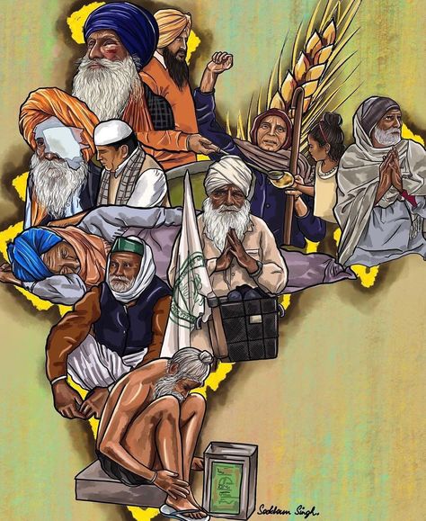 sikhexpo.com ✪’s Instagram profile post: “Beautifully impactful art by @sookham_singh for the #farmersprotest happening throughout India and centered in New Delhi. This really…” National Farmers Day, Chaudhary Charan Singh, Agriculture Pictures, Save Earth Drawing, Farmer Painting, Farmers Day, Sikh Quotes, Religious Photos, Father Images