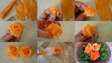 Guarnicion rosas flores de cintas de zanahoria enrrolladas Delicada decoracion de platos para banquetes bodas cumpleaños Facil Barato  Vegetariano +++ Garnishing Roller Carrot flowers #Cool #Easy #Art # wedding Party food decor #Vegetal Food Garnish, Veggie Art, Vegetable Decoration, Fruits Decoration, Decorações Com Comidas, Fruit And Vegetable Carving, Amazing Food Decoration, Best Party Food, Amazing Food Art