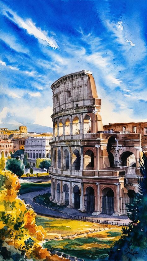 Ideogram Painting With Water, Rome Painting, Rome Art, Italian City, Ancient Stone, Travel Painting, Colour Painting, The Colosseum, City Painting