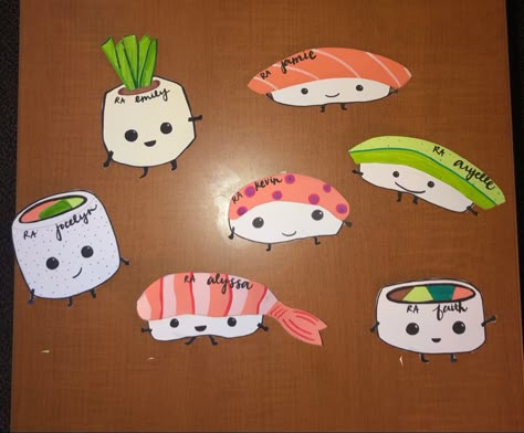 Different types of sushi with smiley faces and names for door tags. Travel Door Decs, College Dorm Name Tags, Door Tag Ideas Resident Assistant, Dorm Name Tags Resident Assistant, Where Is Your Ra Sign, Cute Ra Door Decs, Ra Door Decks, Ra Door Decs College Resident Assistant, Door Tags Resident Assistant