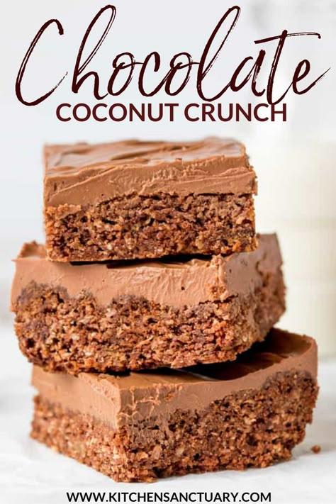 Chocolate Coconut Crunch - my take on the Aussie Crunch we used to get at school. They're crunchy, chewy, very chocolatey and so addictive! #chocolate #chocolatecoconut #dessert #bake Chocolate Coconut Slice, Coconut Crunch, No Bake Slices, Slice Recipes, Crunch Recipe, Coconut Slice, Crunch Bars, Chocolate Slice, Tray Bake Recipes