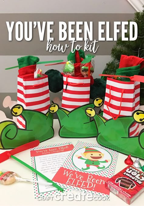 You've Been Elfed. It's probably the most fun you'll have leading up to Christmas. You've Been Elfed Ideas Neighbor Gifts, Elfing Neighbors Ideas, Elf Diy Decorations, You’ve Been Elf’ed, Elf Your Neighbor Ideas, Elfed Neighbors Gifts Ideas, You Have Been Elfed, Elf Christmas Decor, You've Been Elfed