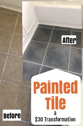 Paint your tile floors with products that have been tried and true! Faux slate tile DIY. Ceramic tile doesn’t have to look like cheap ceramic tile anymore! Epoxy Painted Tile Floor, Makeover Tile Floor, How To Paint Ceramic Tile Floor Bathroom, How To Paint Tile To Look Like Slate, Tile Upgrade Diy, Rustoleum Tile Paint Colors, Slate Tile Master Bath, Staining Ceramic Tile Floors, Update Ceramic Tile Floor