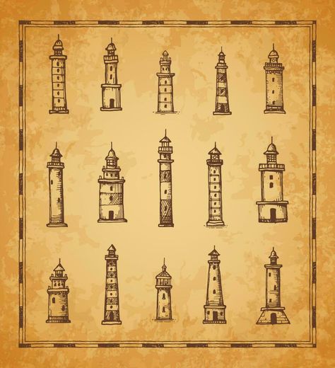 Antique map elements, lighthouse, beacon sketches Fantasy Map Lighthouse, Lighthouse Drawing Sketch, Medieval Lighthouse, Map Art Illustration, Book Maps, Sketchbook Architecture, Map Elements, Hunted House, Lighthouse Drawing