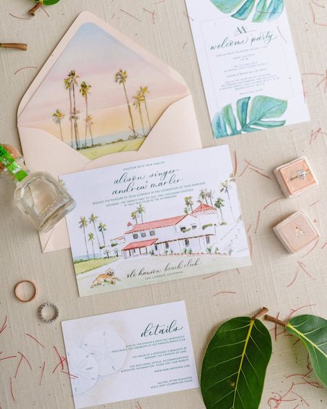 Ole Hanson Beach Club on Instagram: “A custom illustration of @olehansonbeachclub featuring our ceremony ocean views! This may be one of our favorite invitation suites ever,…” Hawaii Invitation, Kualoa Ranch Wedding, Hibiscus Wedding, Watercolor Invite, Wedding Invitation Design Modern, Vintage Garden Party, Painted Wedding Invitation, Save The Date Invites, Watercolour Wedding Stationery