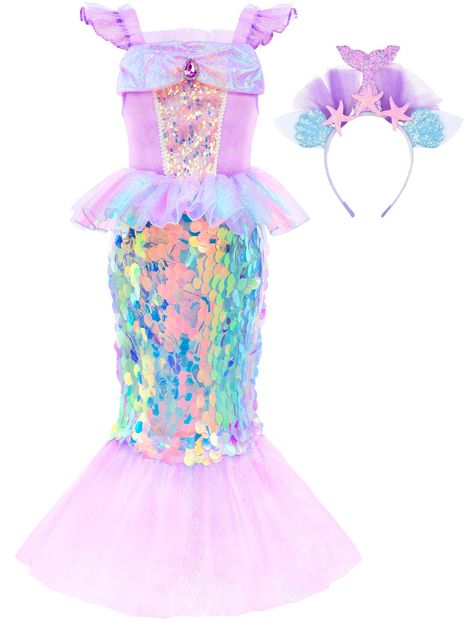 PRICES MAY VARY. Mermaid Princess Dress: Ruffled little short sleeve with zipper design, fins like waist, sequin skirt, Organza ruffles on waist, Ankle length wide mesh fishtail hem; Such stunning princess dress up can make any little beauty feel like a true princess. A Adorable Mermaid Costume: hand-sewn dazzling sequins embellish the bodice of the top and the entire skirt, making your little princess dazzle in the crowd and get lots of compliments. CHILD SAFE: Comfortable soft fabric of cotton Kid Mermaid Costume, Mermaid Costume Toddler, Birthday Outfit Purple, Toddler Mermaid Costumes, Little Mermaid Dress, Princess Ariel Dress, Kira Nerys, Princess Costumes For Girls, Skirt Organza