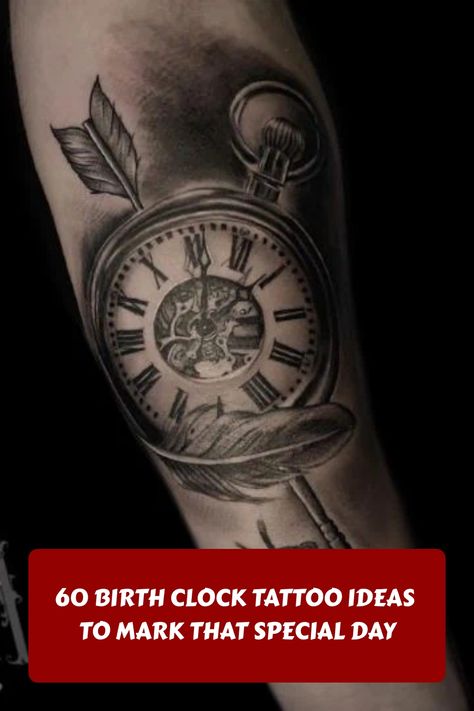 Explore 60 unique birth clock tattoo ideas to commemorate your special day with a timeless design. From delicate minimalist designs to bold and intricate styles, these tattoos are sure to inspire your next ink session. Whether you're looking to celebrate a birthday, anniversary, or other significant moment, these clock designs offer endless possibilities for personalization. Add a touch of symbolism and meaning to your ink with these creative ideas. 3d Clock Tattoo Design, Birth Clock Tattoo, Clock Tattoo Ideas, 3d Clock, Clock Tattoo Design, Clock Tattoo, Wood Clock, Minimalist Designs, Wood Clocks