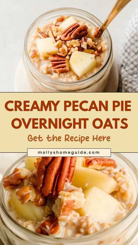 Indulge in the comforting flavors of pecan pie with these delicious pecan pie overnight oats. This easy-to-make breakfast option is perfect for busy mornings when you want a wholesome and tasty meal ready to enjoy. Simply prep the oats the night before and wake up to a nutritious treat that tastes just like dessert. Packed with fiber, protein, and natural sweetness, these pecan pie overnight oats will keep you satisfied and energized throughout the day. Pecan Pie Overnight Oats, Creamy Pecan Pie, Homemade Pecan Pie, Greek Yogurt Flavors, Easy To Make Breakfast, Pecan Rolls, Chocolate Pecan Pie, Pecan Pie Recipe, Unsweetened Applesauce