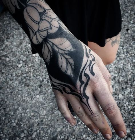 Sleeve To Hand Tattoo, Black Out Tattoo Women, Blackout Sleeve Tattoos For Women, Blackout Hand Tattoo, Sleeve Hand Tattoo, Cover Up Hand Tattoos, Black Out Sleeve, Abstract Black Tattoo, Blackout Tattoo With White Ink