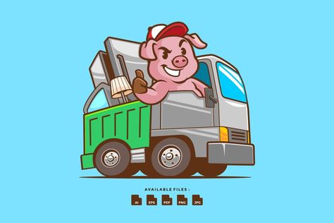 Piggy Junk Removal Mascot Illustration Mascot Illustration, Illustration Advertisement, Jun K, Junk Removal, Responsive Design, Logo Design, ? Logo, Design, Logos