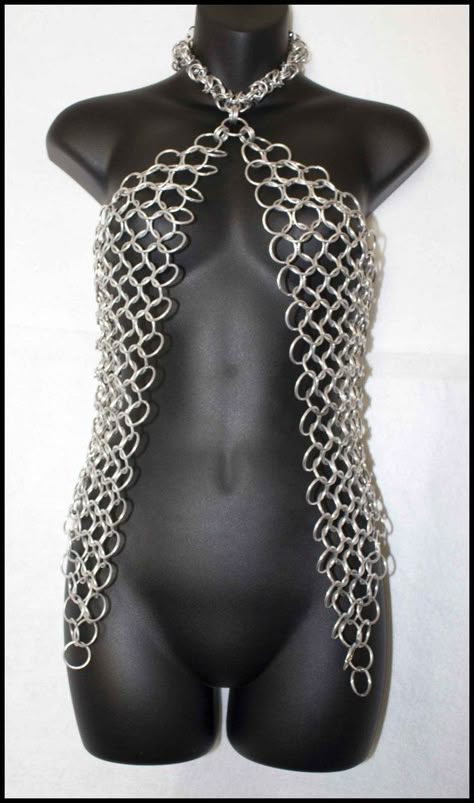 Split Triangle Halter 1 by FeMailleTurtle Chainmail Clothing, Chainmail Top, Techno Outfit, Scale Mail, Diamond Tops, Cube Pattern, Body Chains, Chain Maille Jewelry, Chain Maille