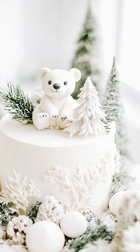 Winter Christmas Cake, Winter Polar Bear Baby Shower Cake, Winter Wonderland Gender Reveal Cake, Polar Bear Christmas Cake, Arctic Birthday Cake, Polar Bear First Birthday Party, Snowy Woodland Baby Shower Theme, Winter 1st Birthday Cake, Winter Party Ideas Decoration