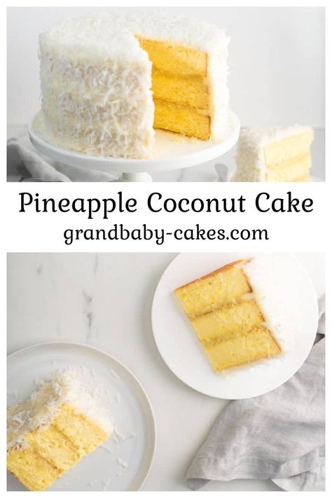 Cocunut Cake, Pineapple Coconut Cake Recipe, Pineapple Coconut Cake, Coconut Pineapple Cake, Pineapple Filling, My Cake School, Pineapple Cake Recipe, Coconut Buttercream, Southern Cake