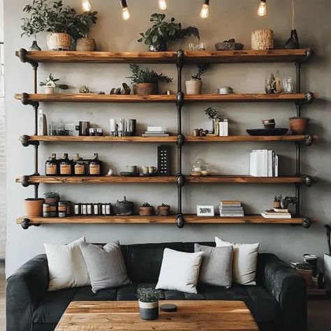 DIY Pipe Shelving for an Industrial Look - Recipes Time Piping Shelves, Industrial Shelf Decor, Gas Pipe Shelves, Diy Industrial Bookshelf, Industrial Shelf Diy, Pipe Bookshelf, Industrial Shelves, Industrial Wall Shelves, Pipe Shelving