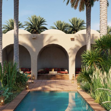 Ecolodge concu autour d'un oasis au milieu de la savane africaine. Voute nubienne en brique d'adobe (terre crue) pour profiter de la fraicheur. Vue sur la piscine bordée de palmiers et de plantes nécessitant peu d'eau. Architecture Studio, Oasis, Arch, France, Architecture, Design