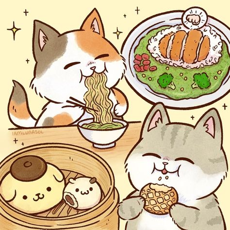 Food Fanart, Tonkatsu Ramen, Sushi Balls, Good Food To Eat, Cat Eating Ramen, Animal Eating, Epic Drawings, Eating Ramen, Cat Eating