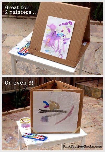 Turn a cardboard box into a DIY Cardboard Art Easel that accommodates 1, 2, or even 3 kids!  Great for play date! How To Make An Easel Out Of Cardboard, Diy Art Easel For Kids, Diy Cardboard Easel, Socks Diy, Art Easel, Play Date, Cardboard Art, Crafty Kids, Diy Cardboard