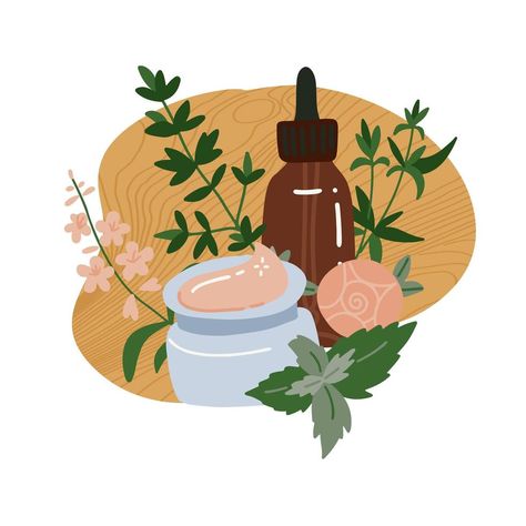 Composition of bottle with care products, face crean and serum. Different colorful jars with organic cosmetics isolated. Various tube decorated by branch with leaves and design elements. Flat vector Beauty Products Illustration, Essential Oil Logo Design Ideas, Organic Cosmetics Logo, Organic Products Logo, Cosmetic Illustration, Cosmetic Logo Design, Backgrand Instagram, Cosmetics Illustration, Herbal Logo