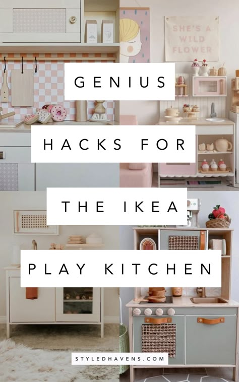 Planning an IKEA duktig kitchen makeover? Find out where to get the best supplies for an ikea play kitchen hack & see our very fav IKEA play kitchen makeovers that you can totally copy! (The ikea toy kitchen hack & duktig kitchen hack ideas in here are borderline genius!) If you're got an ikea toy kitchen, SAVE this collection of ikea play kitchen hack ideas TODAY! Diy Ikea Toy Kitchen, Kitchen Playroom Open Plan, Ikea Play Refrigerator Hack, Ikea Kitchen Toy Hack, Ikea Kitchen Playset Hack, Ikea Play Kitchen Ideas, Ikea Spisig Play Kitchen Hack, Kallax Play Kitchen, Play Kitchen Upgrade