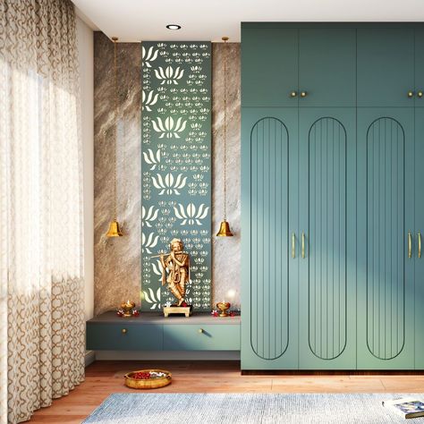 Lotus Motif Background Contemporary Pooja unit Design in Mare Cinereo Tone | Livspace 2 Feet Pooja Unit, Temple With Storage, Wardrobe With Pooja Unit, Pooja Unit Designs In Living Room, Pooja Area Design, Pooja Unit In Living Room, Pooja Design, Puja Unit, Pooja Unit Designs