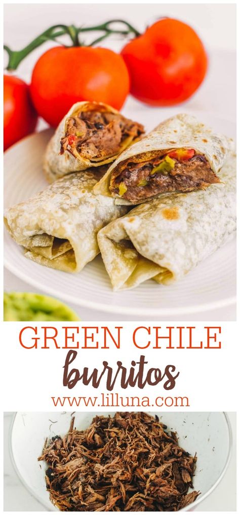 The easiest Green Chile Burritos require just a few ingredients, including a seasoned chuck roast and 505 green chile sauce. #greenchileburritos #greenchile #burritos #mexicanfood #crockpot #maindish Chuck Roast Burritos, Green Chili Burritos Crock Pot, Green Chile Burritos, Chimichanga Recipes, Chili Burritos, Burritos Recipes, Texmex Recipes, Mexican Burritos, Beef Burrito Recipe