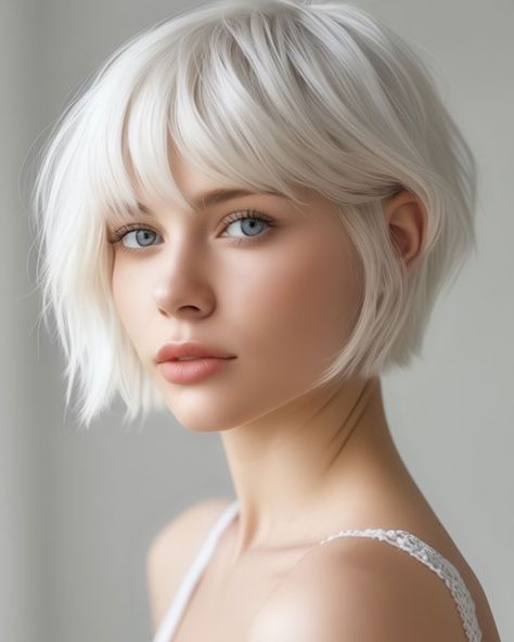 Platinum Blonde French Bob with Choppy Bangs Short French Bob With Bangs Blonde, Platinum Long Pixie, French Bob Hairstyles With Bangs, French Bob Haircut Grey Hair, Short Platinum Hair With Bangs, Edgy French Bob, French Bob With Bangs Blonde, Face Framing With Bangs, Short Bob With Wispy Bangs