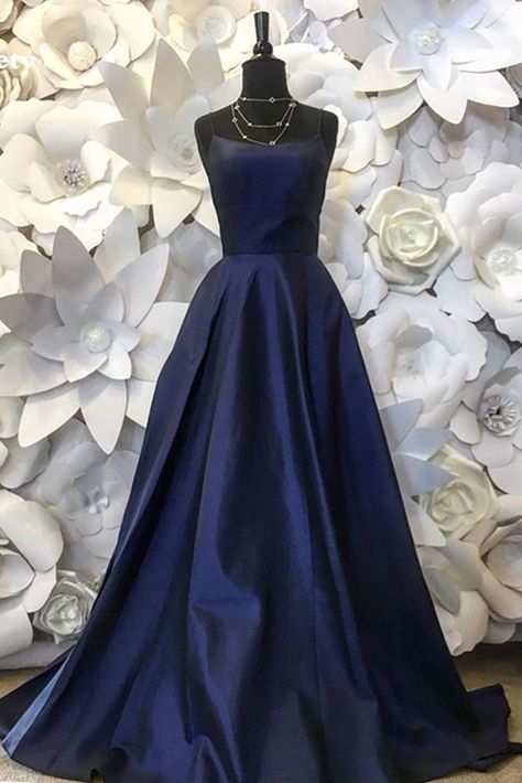 Vestidos Oscar, Navy Blue Party Dress, Women Party Dress, Prom 2022, Pretty Clothing, Spaghetti Strap Prom Dress, Blue Party Dress, Satin Evening Dresses, Dream Dresses