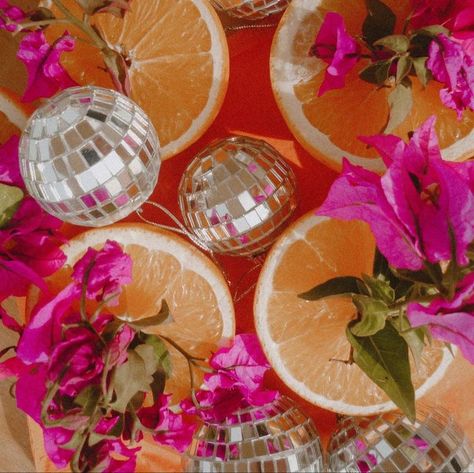 Citrus Disco Theme, Pink And Orange Barbie Party, 70s Themed Pool Party, Orange And Pink Hen Party, Pink Orange Aesthetic Party, Pink And Orange Event Decor, Orange Pink Party Theme, Pink Orange Yellow Birthday Party, 70s Hens Party