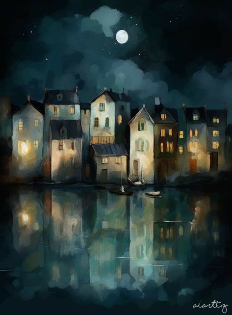 Houses on the water by AIArtT.G Watercolor Night Scene, Houses On The Water, Haunting Photography, Night Scenes, Surealism Art, Illustrative Art, Moody Art, Watercolor Architecture, Blue Artwork