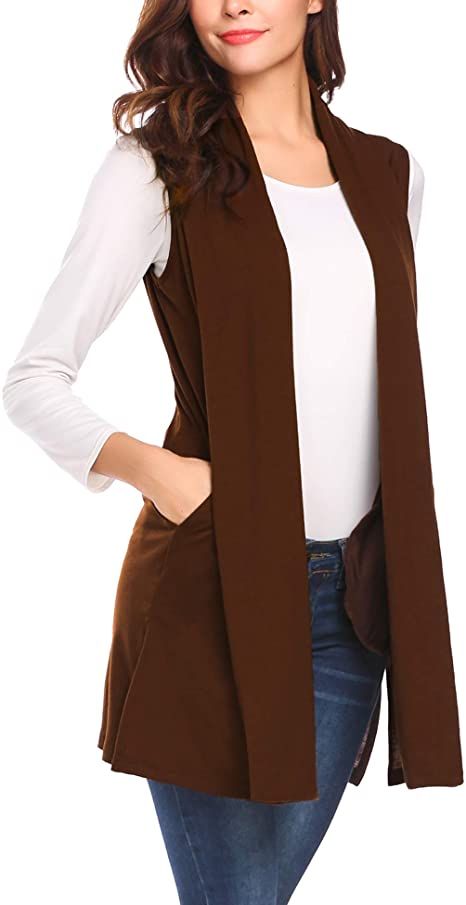 Long Vests For Women, Long Sleeveless Cardigan Outfit, Versatile V-neck Vest For Layering, Sleeveless Cardigan Outfit, Elegant V-neck Vest With Pockets, Casual Beige V-neck Vest, Elegant Brown V-neck Vest, Casual Brown V-neck Vest, Womens Long Vest