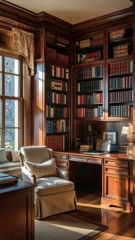 Home Library Traditional, Modern Victorian Home Office, Cool Home Office Space, Desk In Bookcase, Study Room Vintage, Old Study Room, Old Fashioned Office, Old World Office, Classic Home Library Design