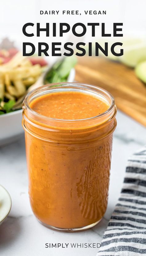 This creamy chipotle salad dressing is a healthy vinaigrette that can spruce up any salad to bring it those famous southwest flavors you crave. What makes this recipe even better is that it is completely vegan and dairy free. Delicious, simple, healthy and creamy, what more could you possibly ask for? #dairyfree #Chipotle #vegan Chipotle Salad Dressing, Chipotle Salad, Healthy Vinaigrette, Pickled Sweet Peppers, Taco Salad Dressing, Chipotle Vinaigrette, Chipotle Dressing, Vegan Chipotle, Southwest Salad