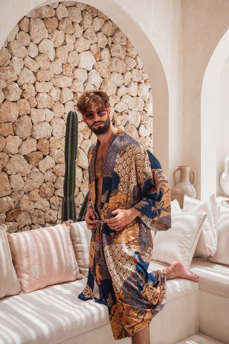 Men's Bali Silk Kimono Robe, Long Satin Robe, Anniversary Gift for Him, Comfy Lounge Robe with Pockets, Men's Kimono, Oversized Maxi Robe Mens Robes, Robe For Men, Bright House, Vietnam Fashion, Men's Robes, Lounge Robes, Indonesian Batik, Comfy Lounge, Silk Kimono Robe